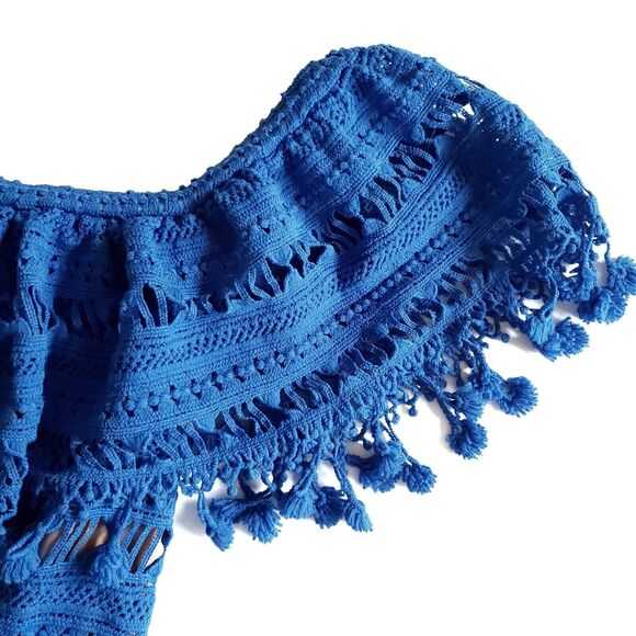 TRACY REESE off the shoulder pom pom bodycon lace dress Aegean blue Size 2 NEW - Picture 5 of 8